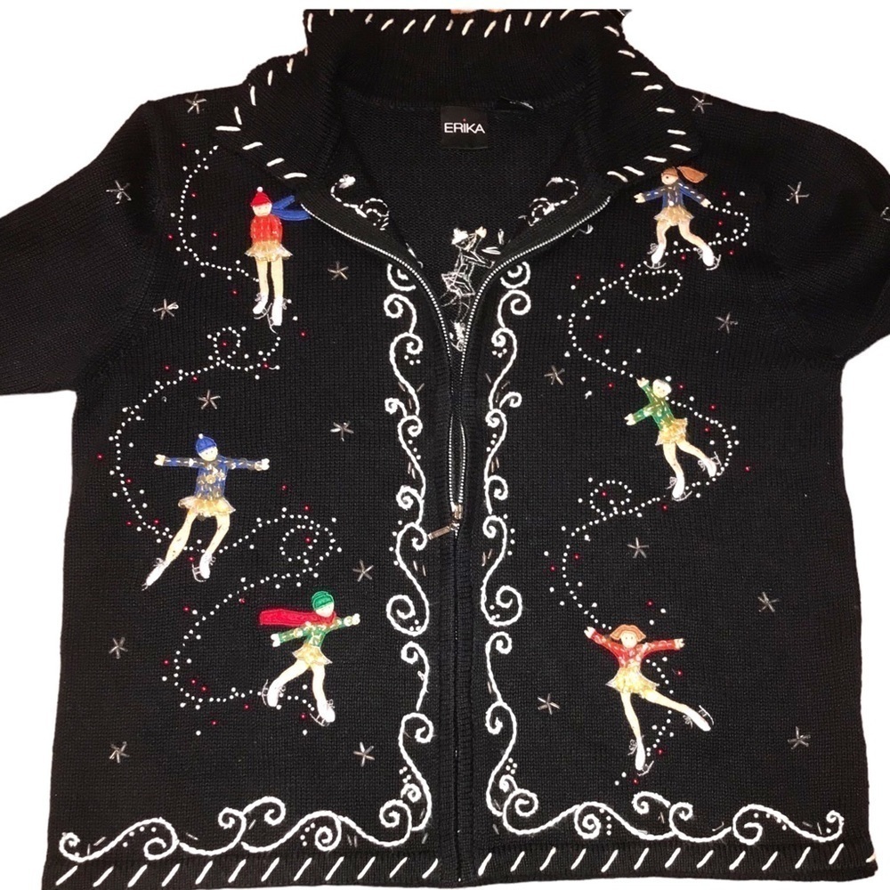 Vintage Erika Winter Sweater Beaded Embroidered Ice Skaters ZipUp L